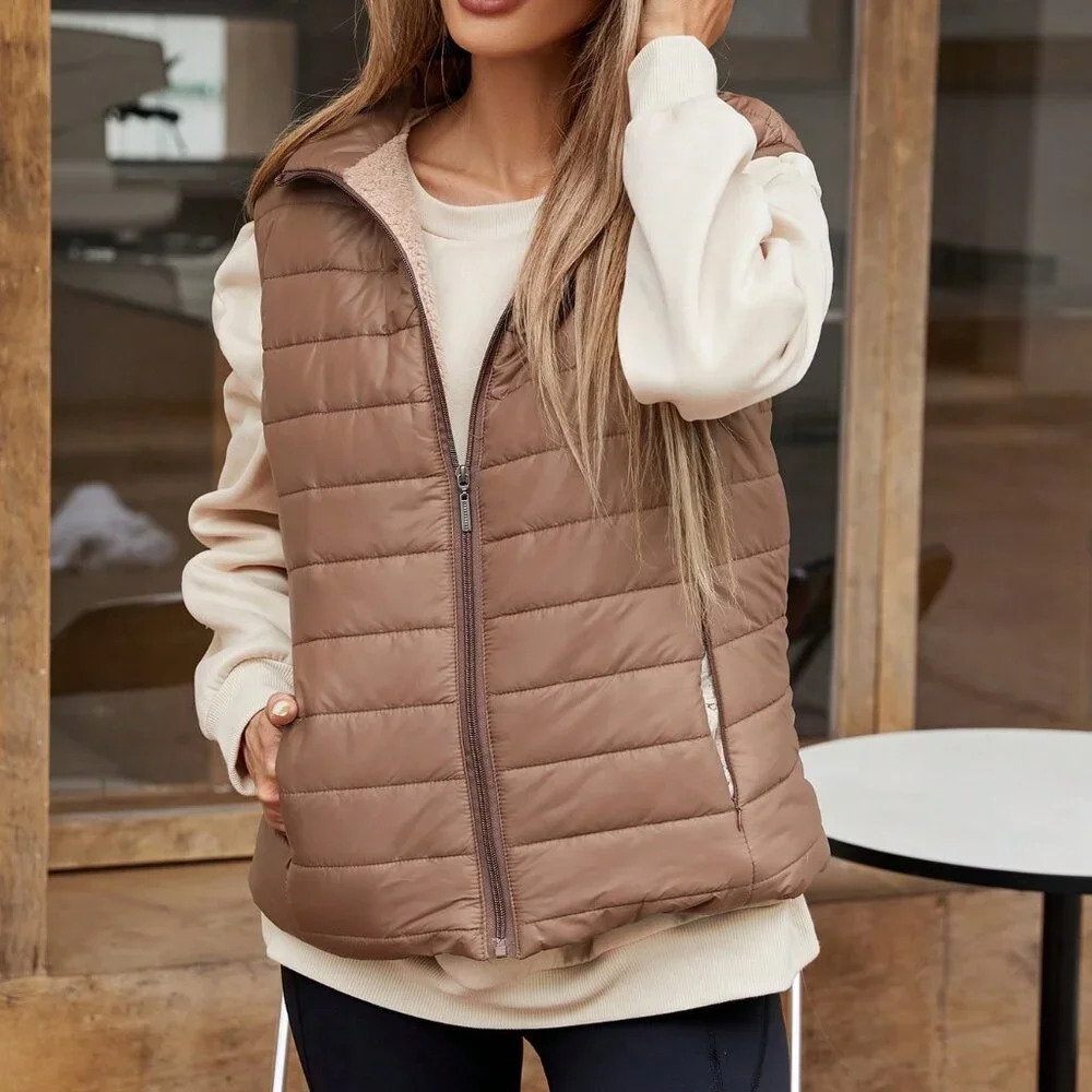 Coffee Brown Casual Women's Clothes Style Sleeveless Short Stand Collar Vest - Picture 5 of 6